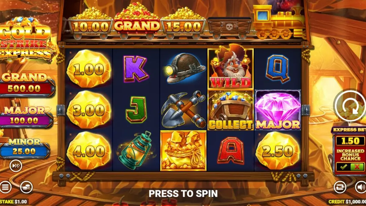 Tampilan visual slot Gold Strike Express dengan rel kereta di atas gulungan